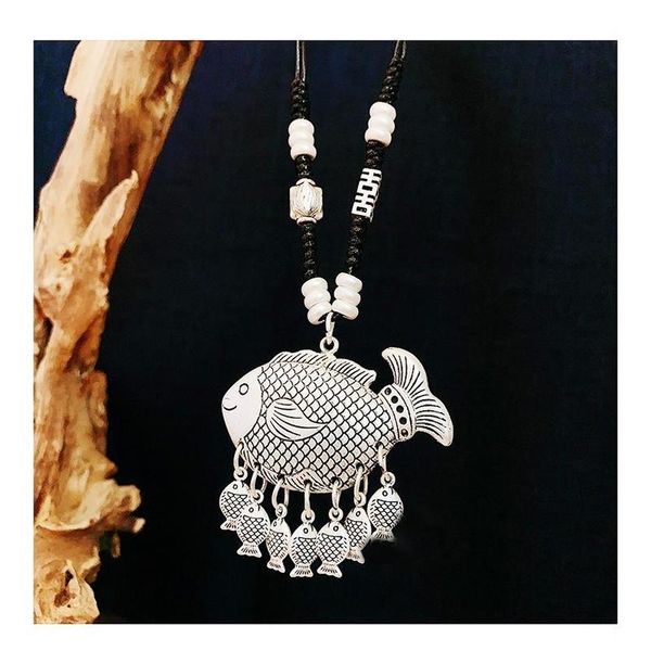 

chains retro ethnic style fish pendant sweater chain tassel long necklace cotton and linen jewelry accessories, Silver