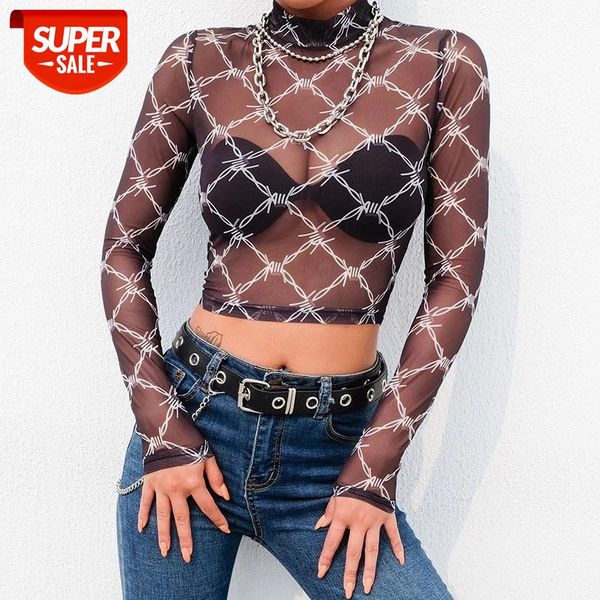 

Mesh Tee Shirt Femme Sexy Long Sleeve Crop Top Chain Print T Shirt Women Streetwear Vintage Fishnet top T-shirt 2020 New Arrival #I37x, White
