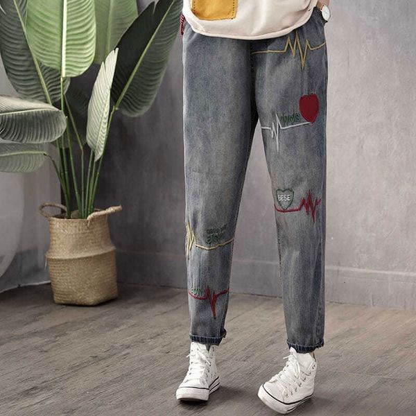 

jean spring arts style women elastic waist vintage embroidery jeans casual cotton denim harem pants femme jean trousers m324 cbjg, Blue