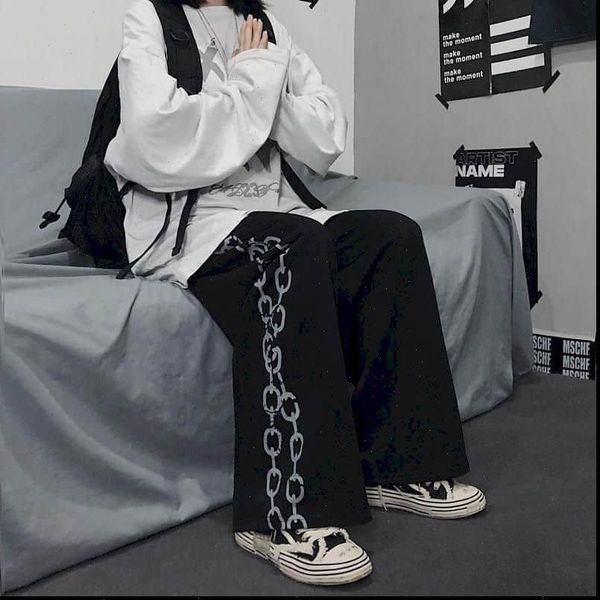 

korean plus size goth womens pants wide leg clothes ins retro street made old chain pattern printing casual straight trousers, Black;white