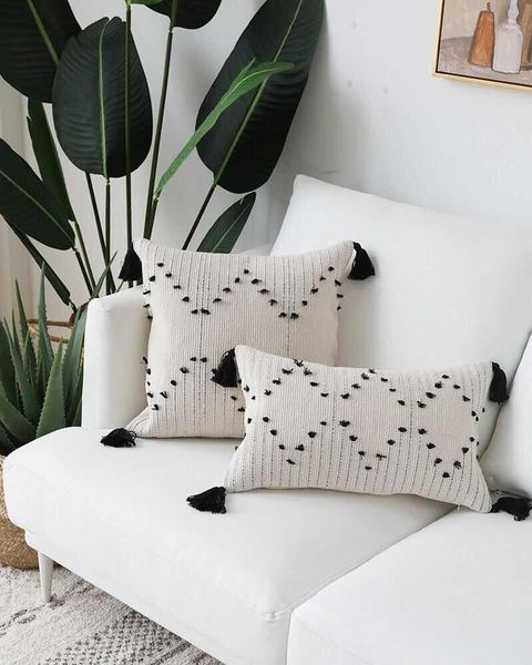 

luxury moroccan cushion cover white black geometric tassels pillow decorative case for home decoration sofa cushion/decorative