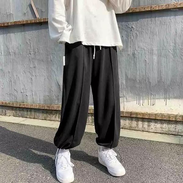 

solid color pants straight korean trendy drawstring autumn sports capris men's and women's tube guard binding feet, Black