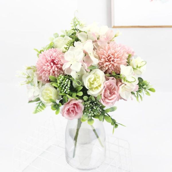 

pink silk hydrangeas artificial flowers wedding for bride hand blooming peony fake white home decoration decorative & wreaths