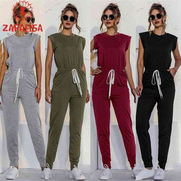 

fashion summer solid color womens capri long pencil drawstring design pockets decor o neck sleeveless slim streetwear jumpsuits, Black;white