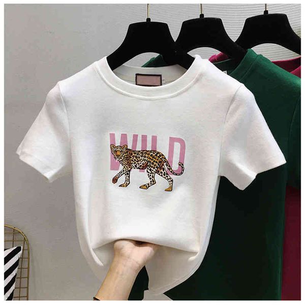 

women's t-shirt leopard letters print slim short sleeve t women 2021 summer korean cotton white tshirt ins fashion tee femme g