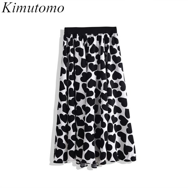 

kimutomo women skirt spring autumn korea fashion female heart printing elastic high waist a-line skirt outwear casual 210521, Black