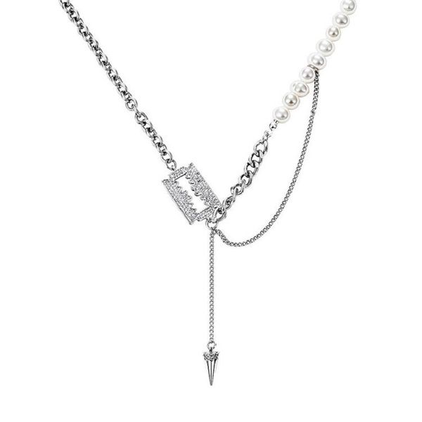 

pendant necklaces potcet stainless steel pearl blade titanium necklace clavicle chain fashion hip hop party jewelry, Silver