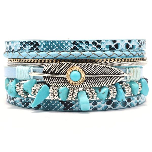

charm bracelets womens paved alloy feather multilayer snake pu leather bracelet with magnetic clasp, Golden;silver