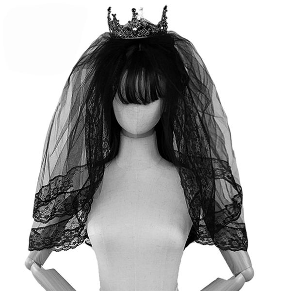 

double layers victorian romantic gothic lace organza bridal haircomb veil headwear crown lolita stage show accessories punk, Black