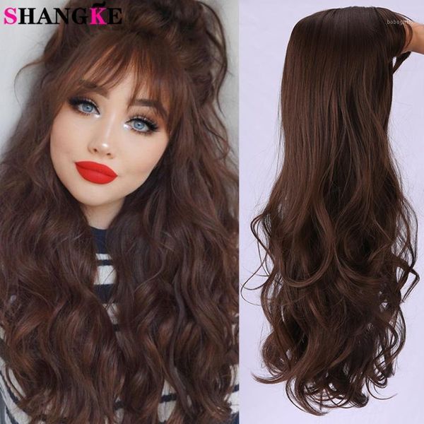 

shangke long wavy synthetic wigs for women heat resistant fiber black brown chocolate color with bangs cosplay fake hair1