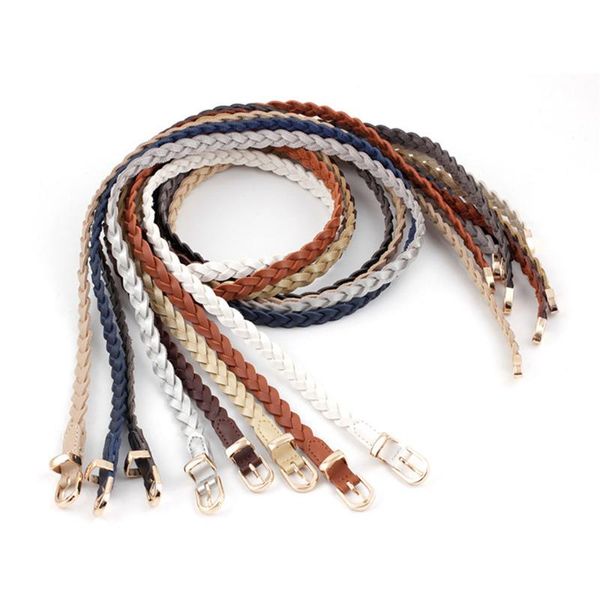 

belts 1pcs simple twist woven ladies decorative pu leather thin belt with dress pin buckle knotted width 1.2cm wholesale 2021, Black;brown