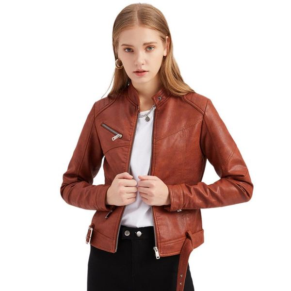 

women's jackets 2021 design women stylish zipper belt short slim jacket outwear solid pu leather spring autumn chic casual coat, Black;brown