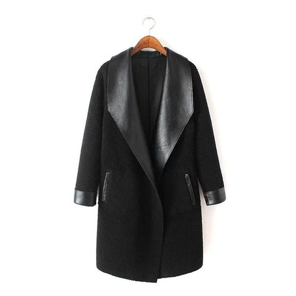

women's leather & faux 2021 lamb cashmere pu jackets long autumn winter large size thick lambskin cardigan outerwear coats plus, Black