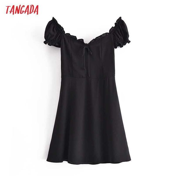 Tangada Summer Women French Style Abito in chiffon nero Puff manica corta da donna Mini abito Abiti 6M23 210609