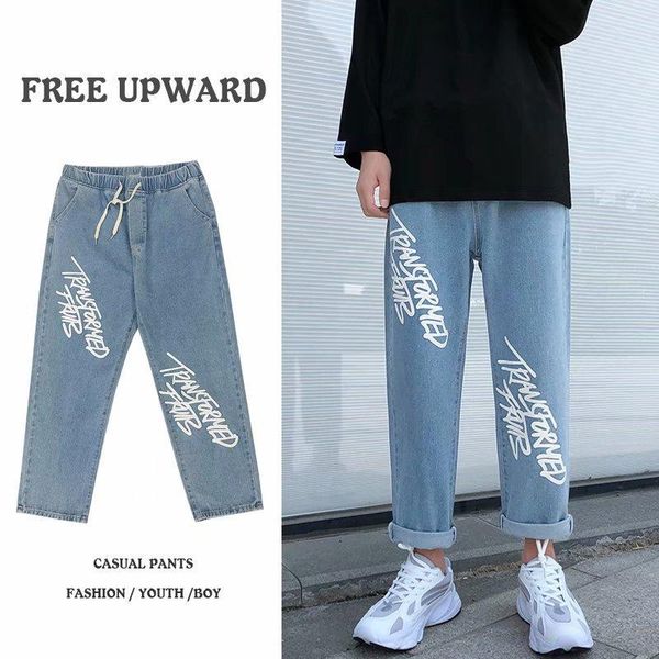 

lettee printed teenagers denim jeans men's trendy brand autumn trendy feet trousers men's loose hip-hop straight-leg harem pant, Blue