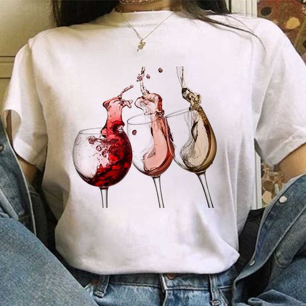 Şarap Cam Komik Grafik Baskı T-shirt Kadın Harajuku Aesthetik Beyaz Tops Casual Tshirt Y2K KPOP Kısa Kollu Kadın T Gömlek Tee X0628
