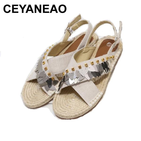 

ceyaneao2021silver flat sandals for women, summer fisherman shoes, straw weave e087, Black