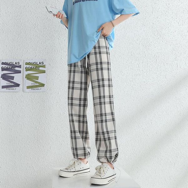 

women's pants & capris cgc 2021 autumn casual plaid thin high waist woman loose wide leg checked straight harajuku trousers female, Black;white