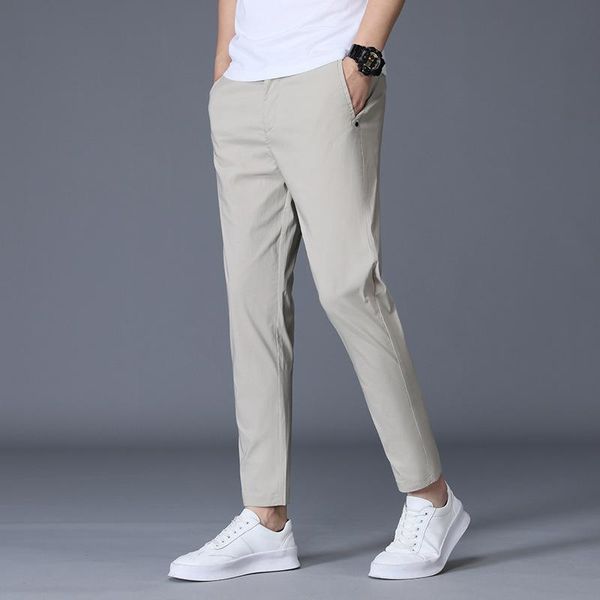 Pantaloni da uomo Lunghezza alla caviglia Pantaloni da uomo in seta di ghiaccio Pantaloni neri kaki Corea Abito casual estivo sottile Chandals Uomo Abiti formali 2021