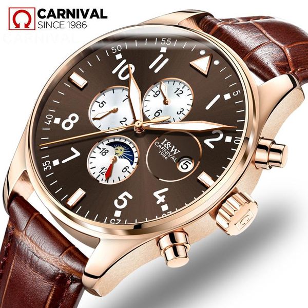 

wristwatches relogio masculino carnival automatic watch men's waterproof fashion luminous moon phase mechanical wristwatch cloc, Slivery;brown