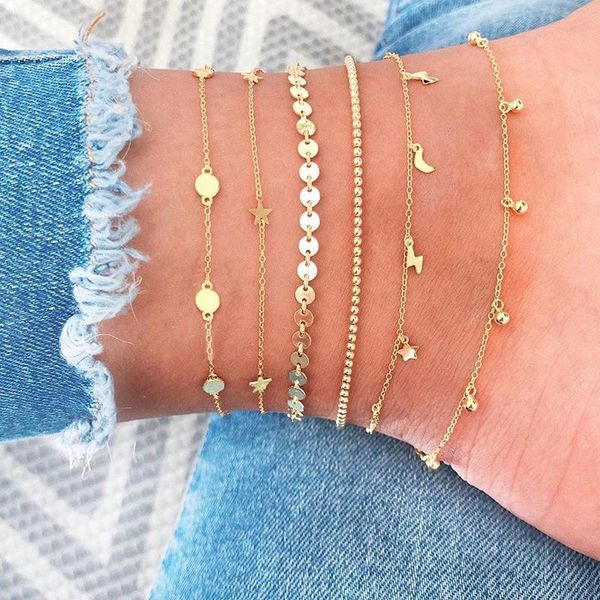 

anklets 6pcs/set bohemia multilayer beads anklet fashion sequins star ankle bracelets gold thick chain foot leg jewelry, Red;blue