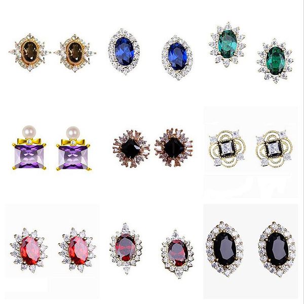 

stud inzareal 925 sterling silver geometric crystal series zircon earrings for fashion women fine jewelry cute accessories, Golden;silver