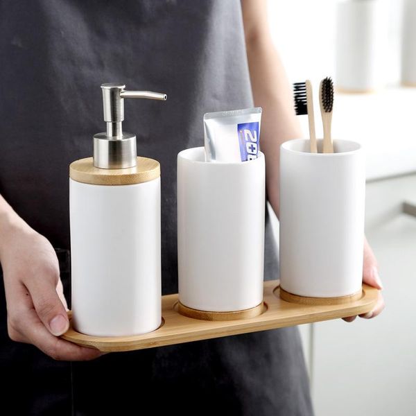 

bath accessory set ceramic bamboo gargle cup wash mug toothbrush holder bathroom liquid soap dispenser shampoo bottle accessories sets