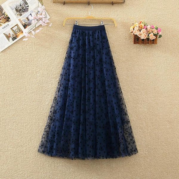 

skirts mesh half-length skirt female spring summer high waist slimming butterfly flocking floral a-line large swing mid-length, Black
