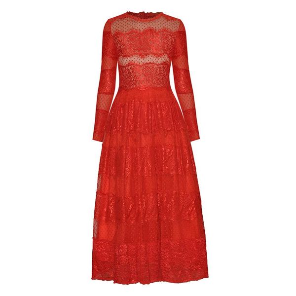 

spotted sheer mesh red lace formal dress crochet frills o-neck long sleeve -length year dresses casual, Black;gray