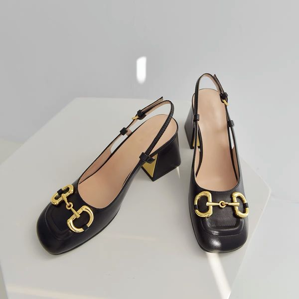 

women's mid-heel slingback pump with horsebit summer vintage sandals real leather mules shoes square serpentine party shoes having box, Black