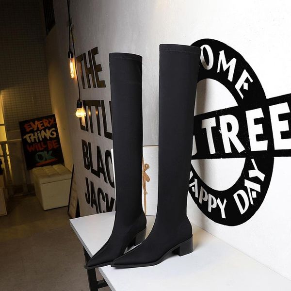

boots bigtree 2022 low heel women slim stretch long winter sock ladies over the knee, Black