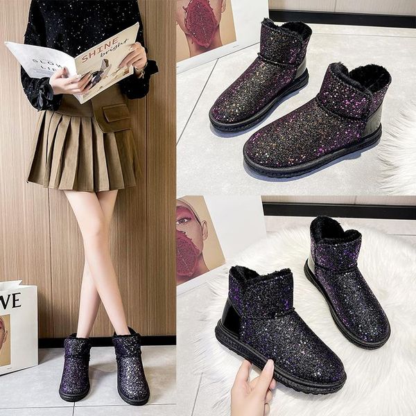 

boots 2021 women winter snow warm flat plus size platform slip on ladies women's shoes sequins fur suede ankle, Black