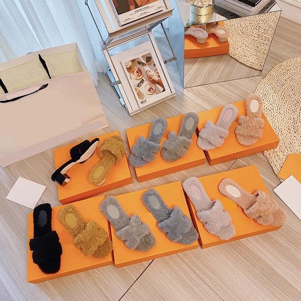 

slippers 2021 ladies fur wool designer brand indoor plush flat shoes can be customized, Black