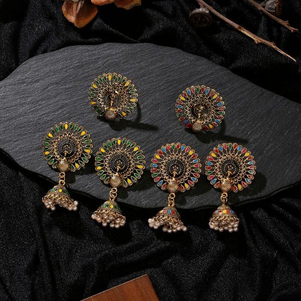 

earrings & necklace vintage tibetan gold color peacock earrings/ring set for women bohemian wedding ring adjustable party festival jewelry, Silver