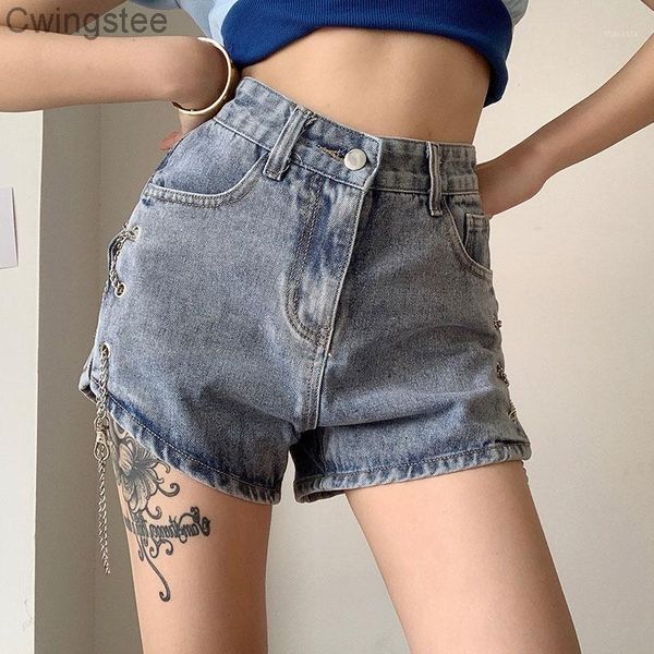 

women's shorts 2021 harajuku jeans women with chains summer high waisted short pants fashion korean split buckle up, White;black