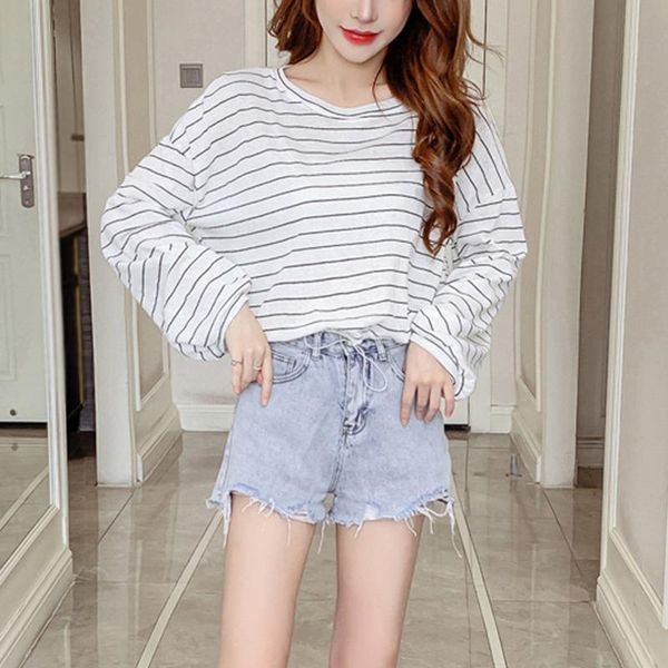 

women's t-shirt spring autumn women fashion retro striped t shirts drawstring long-sleeved loose casual, White