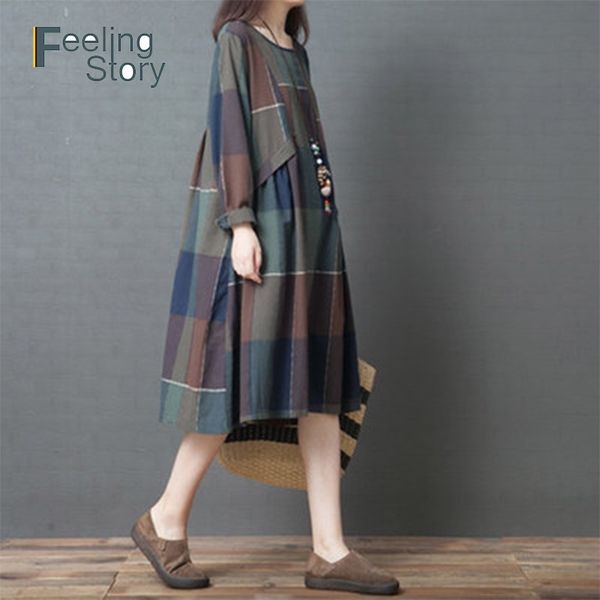 

boho plaid dress cotton linen summer women vintage o neck long sleeve spring split dress large size clothing for women 210603, Black;gray