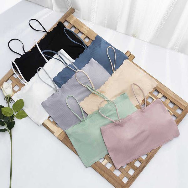 

2021 ice silk one piece girl bottom wrapped breast bra lotus leaf border defense light back underwear vest, White