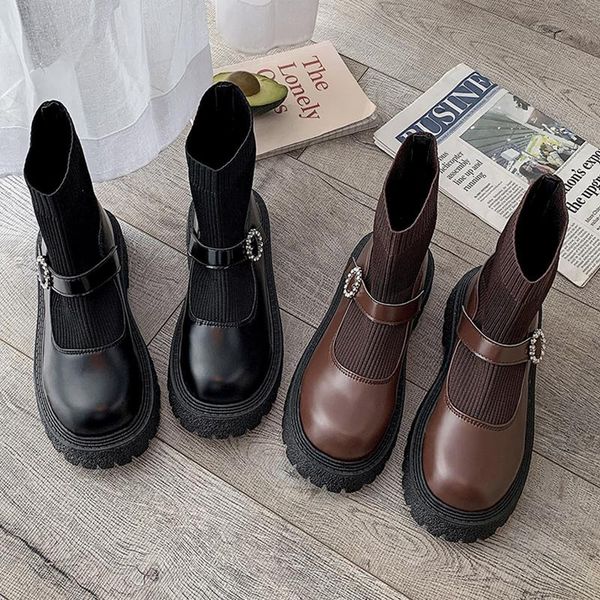 

boots lady leather women's shoes boots-women round toe rock mid-calf autumn rubber mid calf low 2021 rome solid basic flock hoo, Black