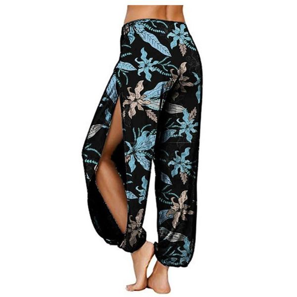 

women's pants & capris fashion women soft harem floral print elastic waist split summer casual cotton linen beach long vintage 5xl, Black;white