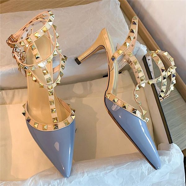

sandals fashion metal rivets genuine leather women high heels summer catwalk female shoes handmade pointed toe ladies, Black