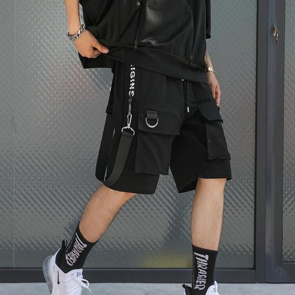 

ribbons casual mens streetwear shorts 2021 summer hip hop male black knee length multi-pockets punk short pants men, White;black