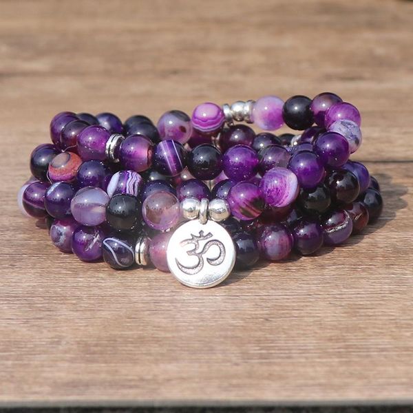 

beaded, strands simple design healing spiritual gift 108 purple striped agat natural stone mala beads women wrap bracelet yoga jewelry, Black