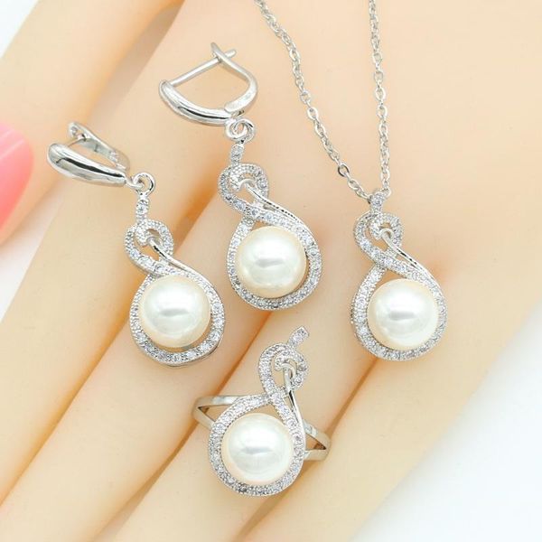 Brincos Colar Design Branco cinza de água doce pérola cor de prata conjuntos de jóias para mulheres pingente anel caixa de presente