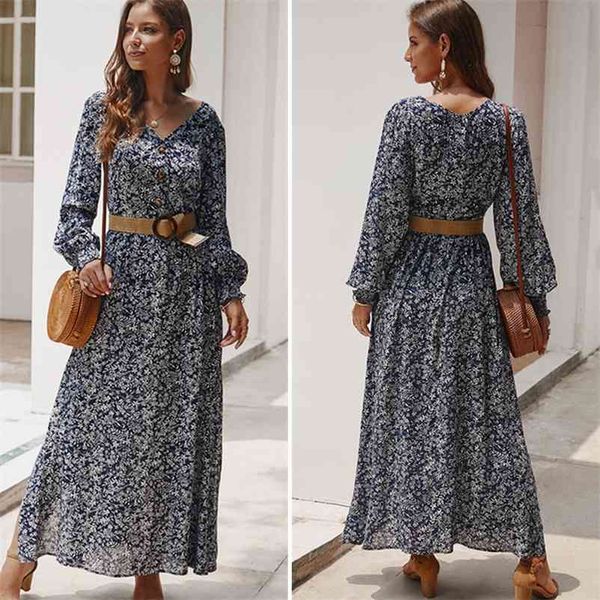 

auttumn vintage floral maxi dress summer a-line high waist lantern sleeve spring long elegant retro boho women vestidos 210520, Black;gray
