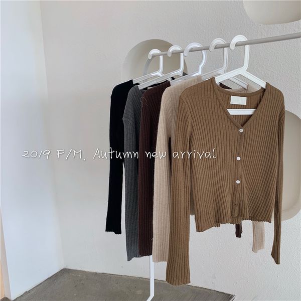 

5 colors korean style solid color thin V neck knitted sweaters cardigan womens autumn long sleeve tops womens (R99932), White;black