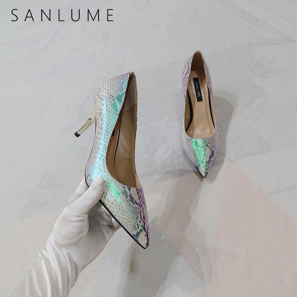 

dress shoes sanlume green genuine leather pumps women woman high heels ladies sandals thin slip on pointed toe, Black