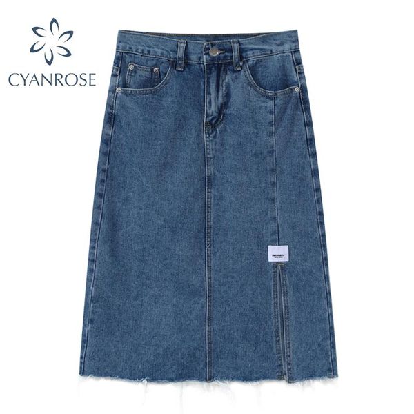 

skirts midi denim women loose korean streetwear y2k stylish blue jean ladies high waist hem split retro leisure clothes, Black