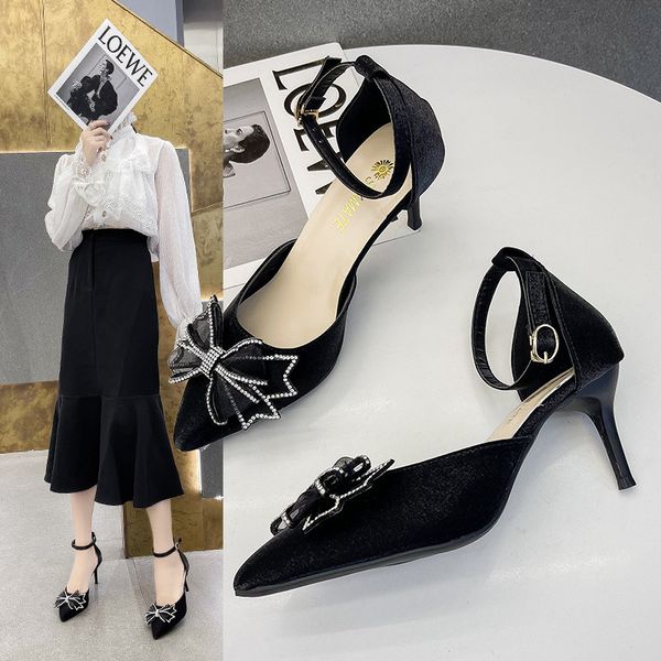 

slippers summer women shoes pointed toe sandals with buckle high heels pumps wedding tenis feminino side zapatos mujer 7e0t, Black
