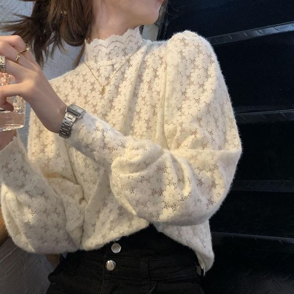 

women's sweaters plush thickened frosted lace shirt 2021 autumn flocked half high collar bottomed warm inner top, White;black